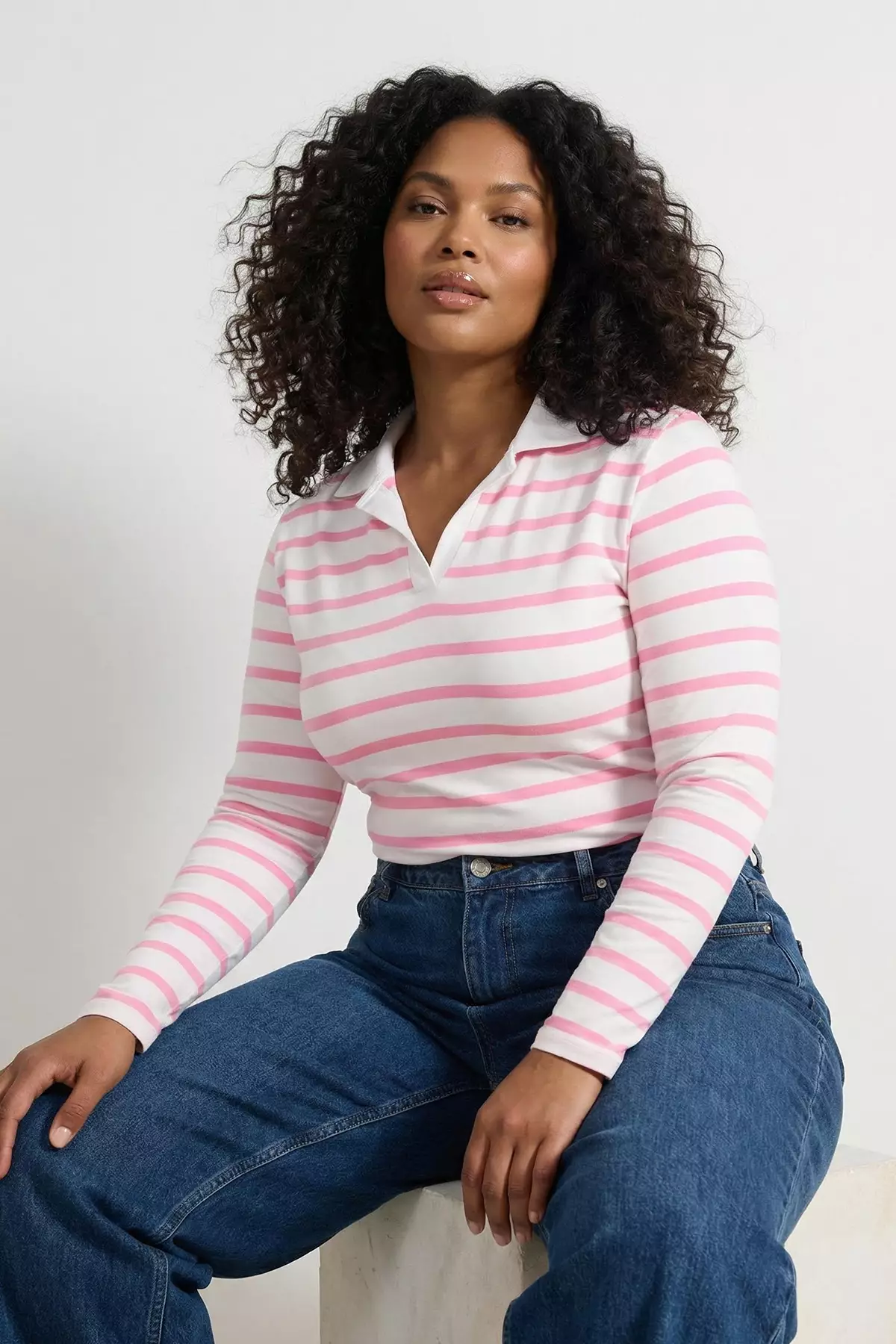 Buy Trendyol Pink Polo Neck Striped Crop Boy Knitted Plus Size