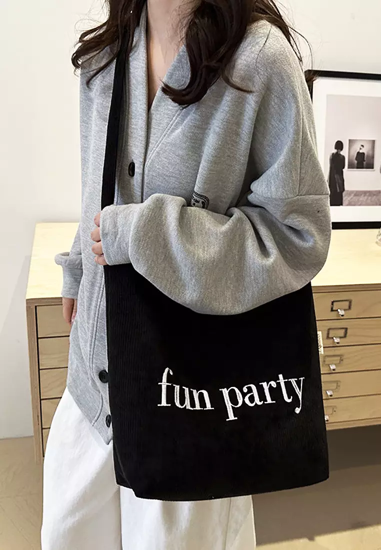 Wakakids Tas Selempang Wanita Pria Unisex Sling Korean Bag Corduroy Fun Party Venrc Hitam