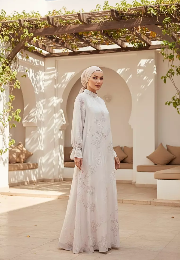 Gamis Lebaran Terbaru Mosleem Kekinian Lengan Karet Motif Pastel By Brilliant Girl Warna CREAM