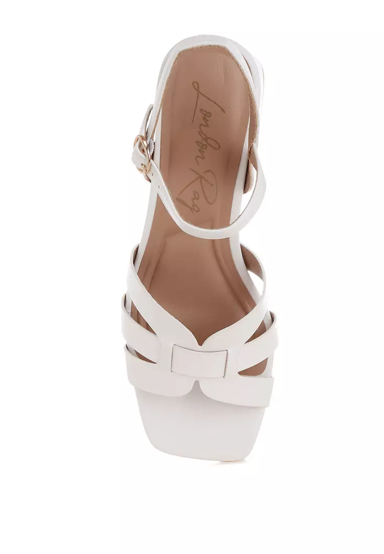 Strappy Square Toe Block Heels In White