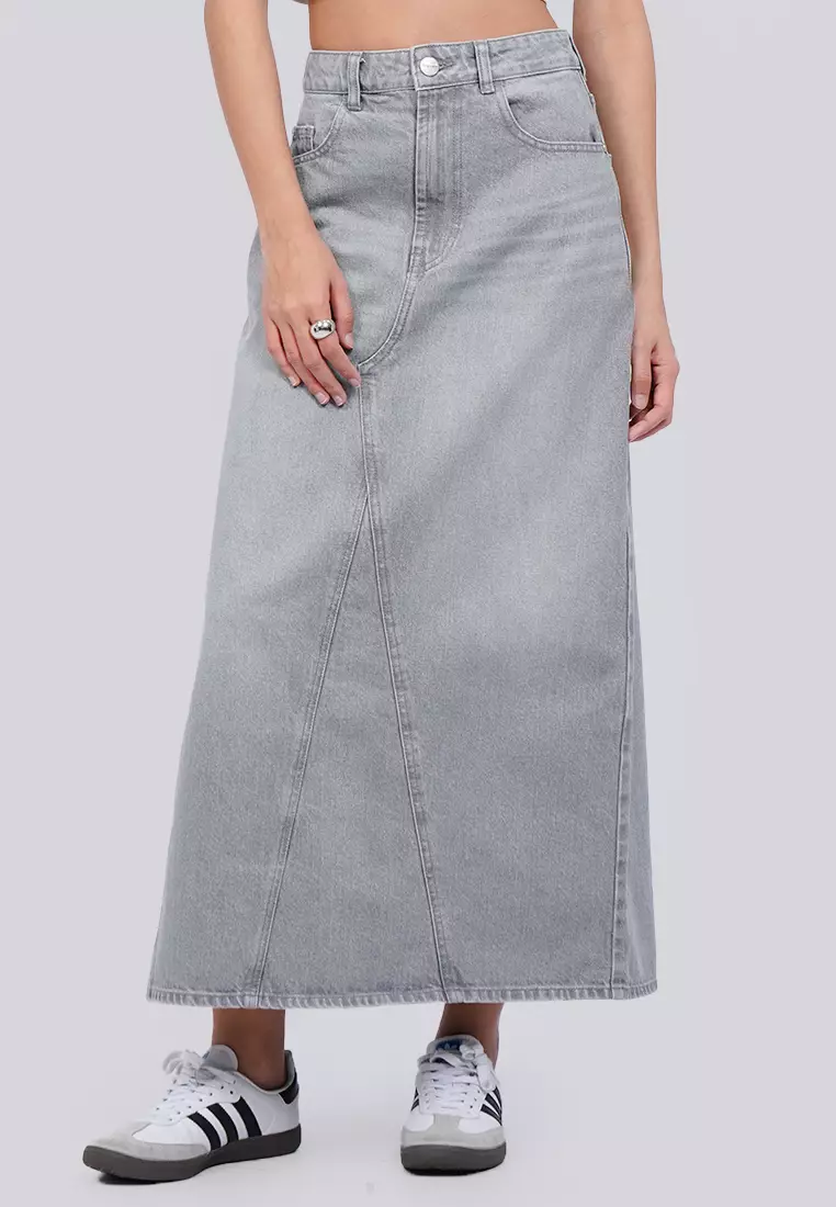 Tirajeans Denim Maxi Skirt With Slit 7-LXSWSEA225H120 Grey