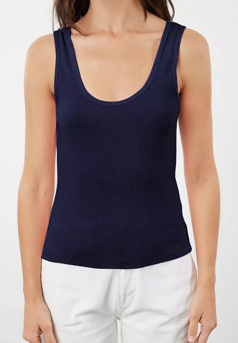 Navy Blue Color Block Fitted Pool Collar Elastic Knitted Tank Top