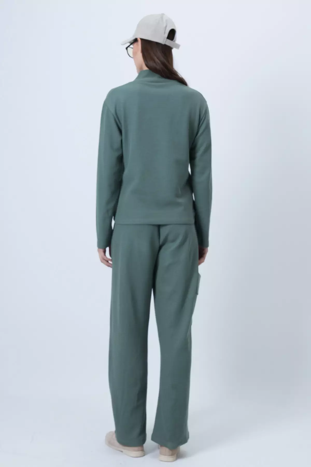 Green Turtleneck Soft Textured Oversize Blouse And Cargo Pants Set Alc-X14381