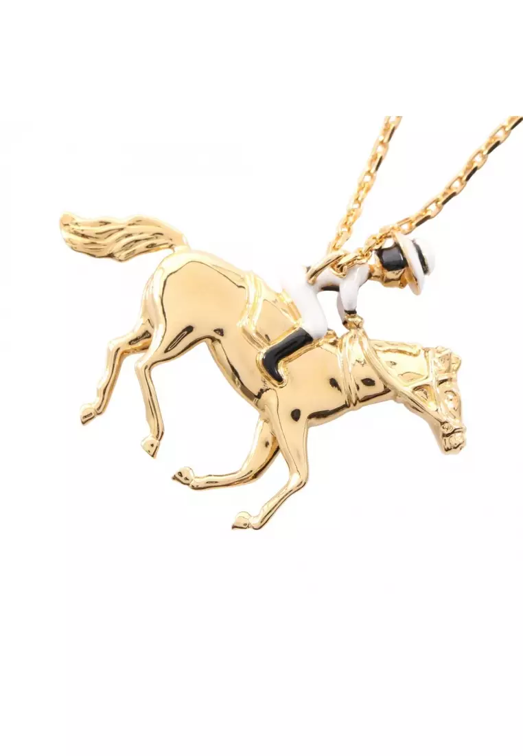 Pre-Loved Chanel coco mark horse riding necklace GP gold white black L26P