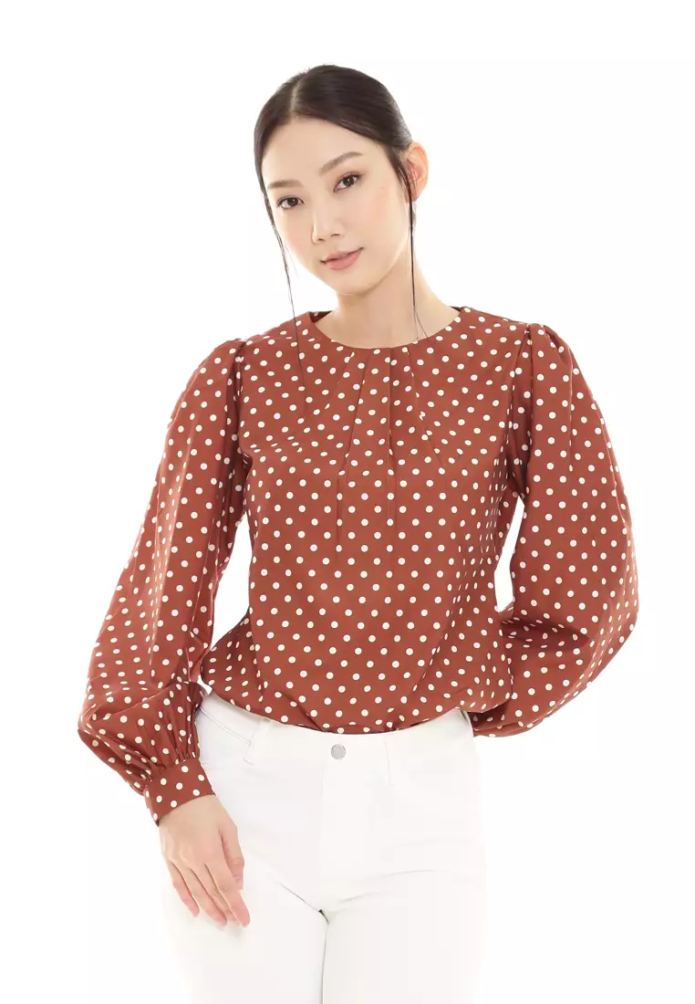 Christina Polka Dot Blouse in Copper Brown