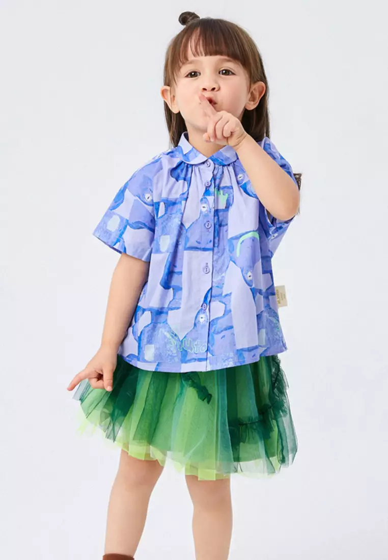 女小童短袖衬衫满底印花领圈抽褶趣味衬衣