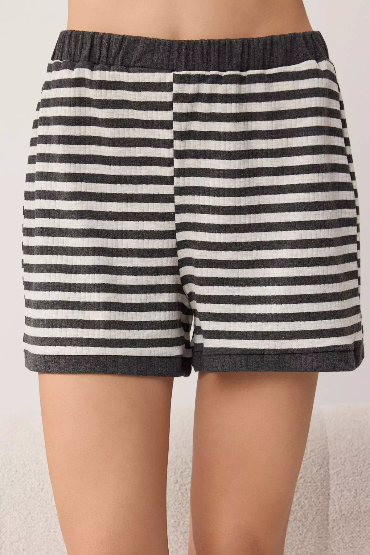 Anthracite Melange Striped Cuffed Ribbed Knitted Pajama Set Thmss26Pt224