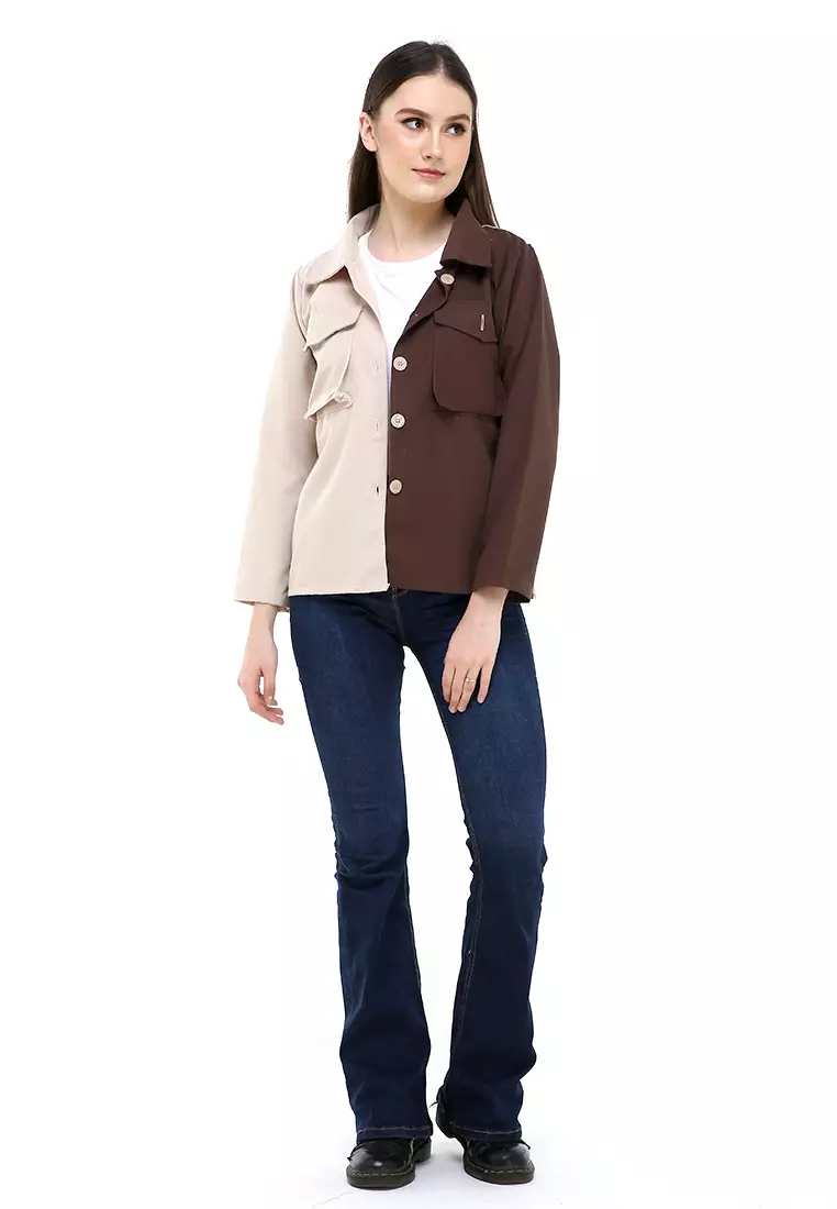 Hardwin Jacket Wanita Two Tone Casual Longsleeve Material Canvas ORIGINAL - Mocca