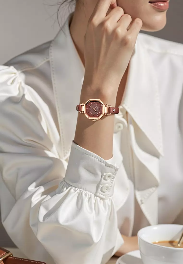 Jam Tangan Wanita Korea Anti Air Original Kuarsa Wanita Tali Kulit Jam Tangan Cewek Kotak Indah brown