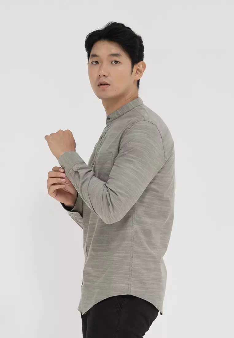 Kemeja collarless koko Slub olive OXCON TwoTone Sage