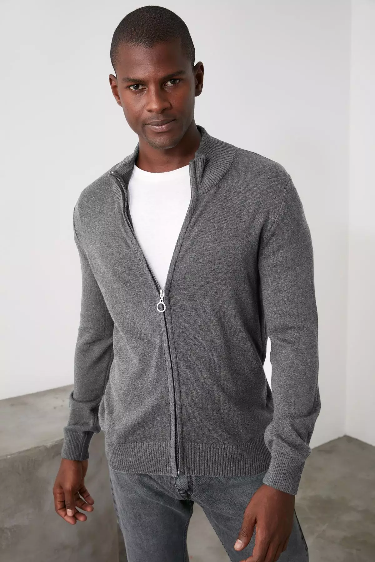 Gray Slim Fit Half Turtleneck Plain Knitwear Cardigan