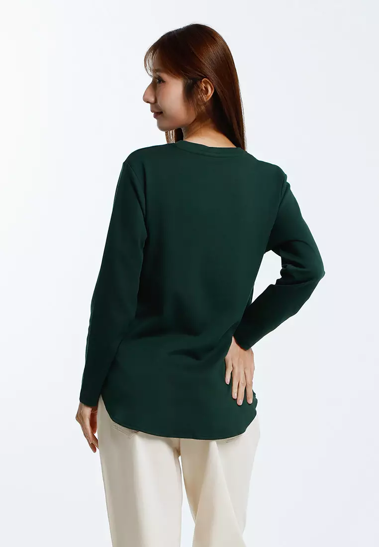 Forest Ladies Cotton Interlock Round Neck T-Shirt Women Plain Long Sleeve Tee - 822423-40DkGreen