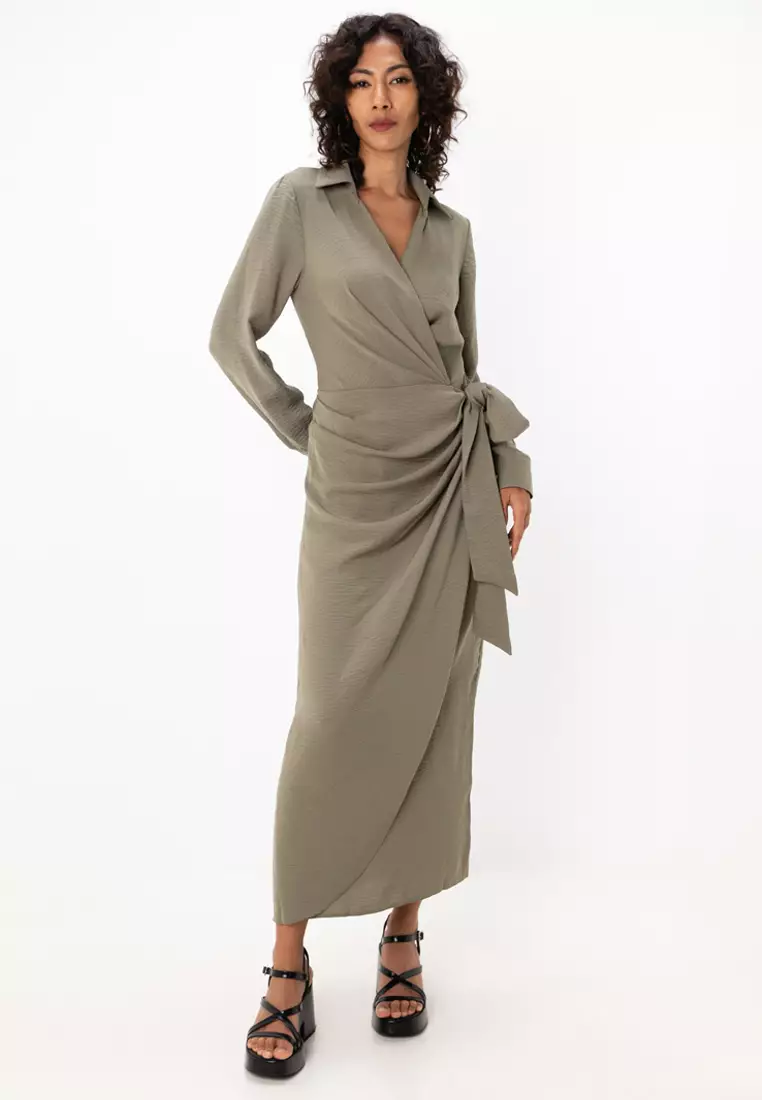 Collared Midi Dress With Ruched Tie Waist