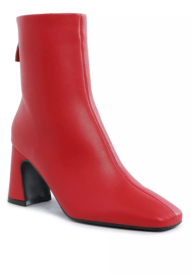 Faux Leather Square Toe Ankle Boots in Red