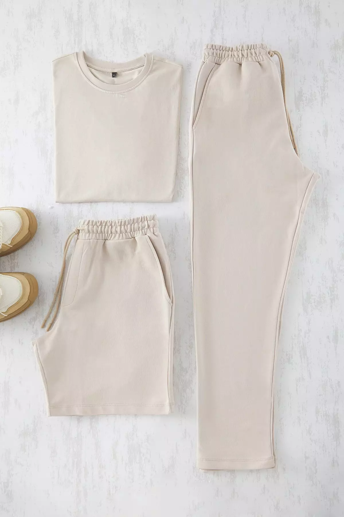 Stone 3-Piece Oversize/Wide Cut T-Shirt, Sweatpants, Shorts 100% Cotton Tracksuit Set TMNSS25EM00001