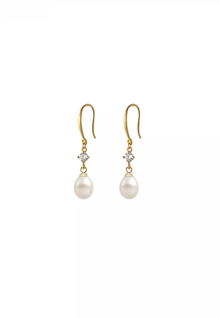 925 Silver Plated Gold Zircon Drop Freshwater Pearl Earrings JW AR-G9857