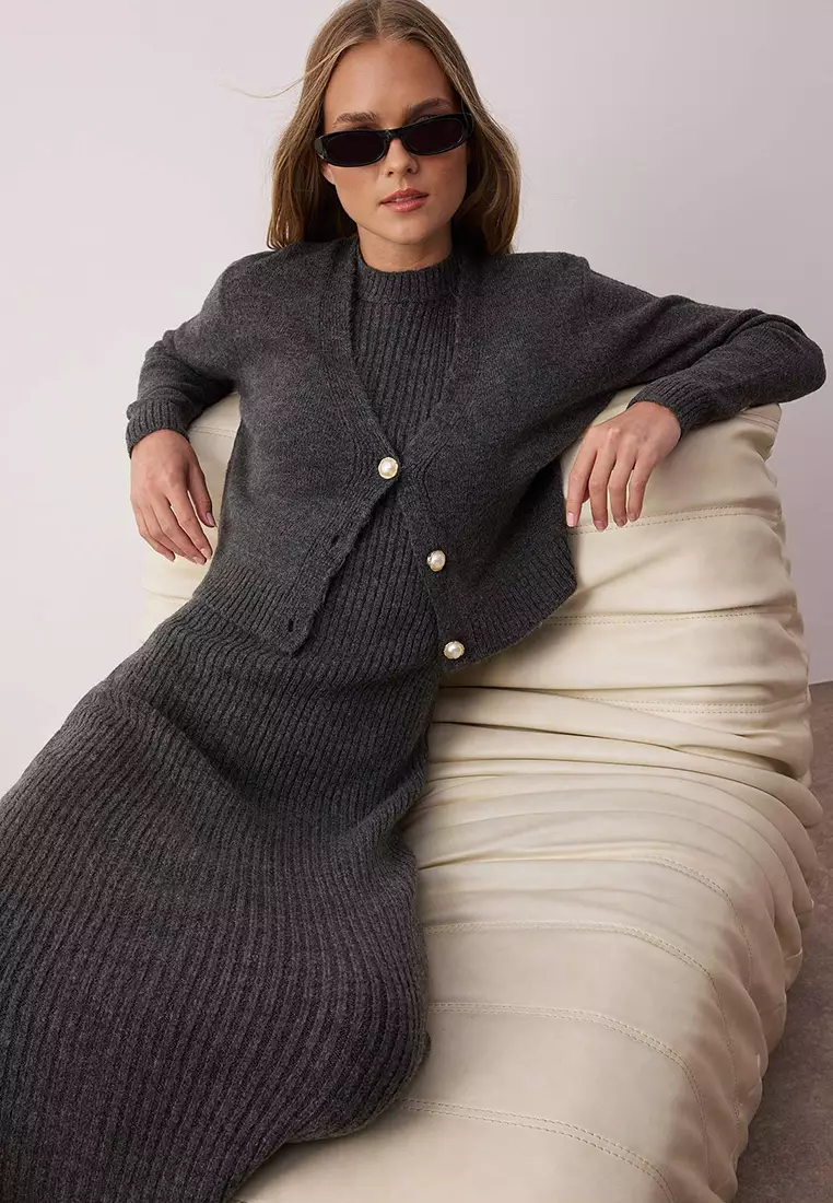 Anthracite Corded Soft Textured Knitwear Dress Cardigan Suit Tctaw25Us00049