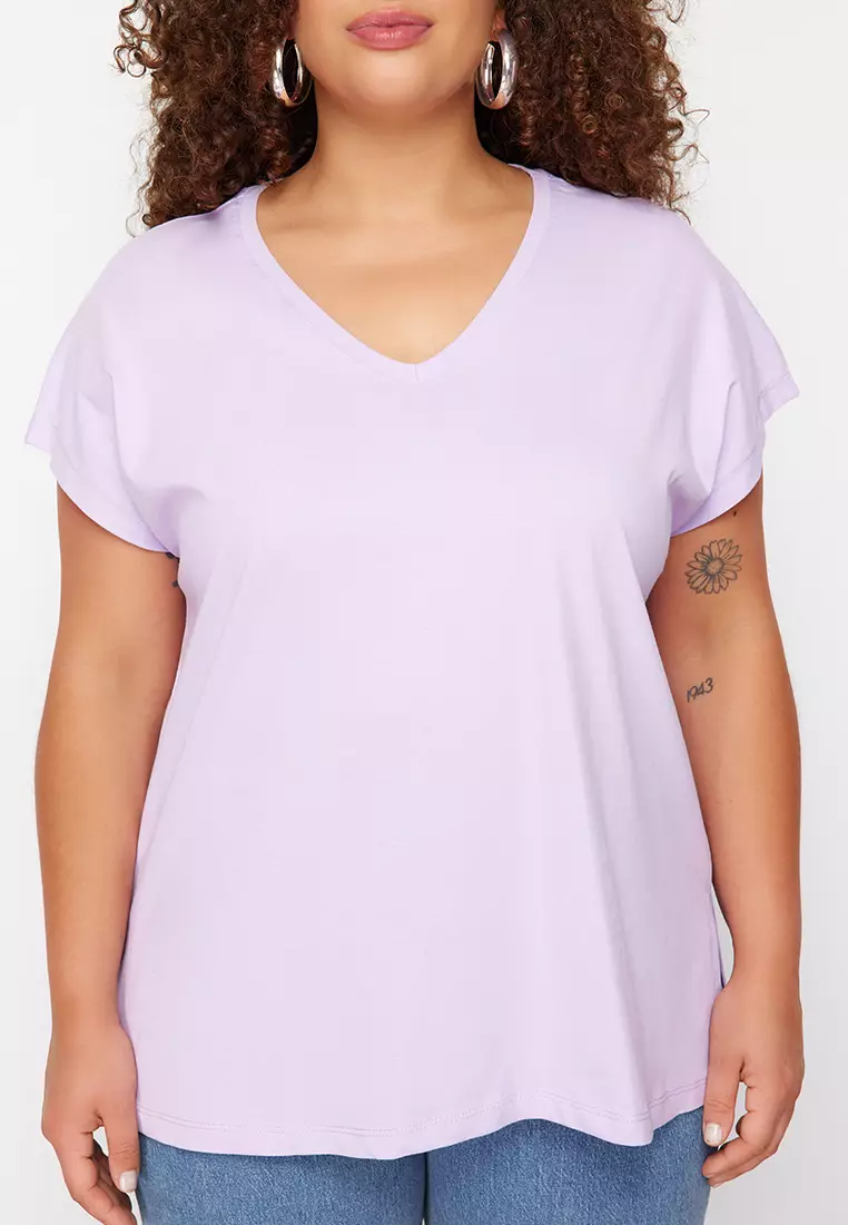 Plus Size V-Neck Slit T-Shirt