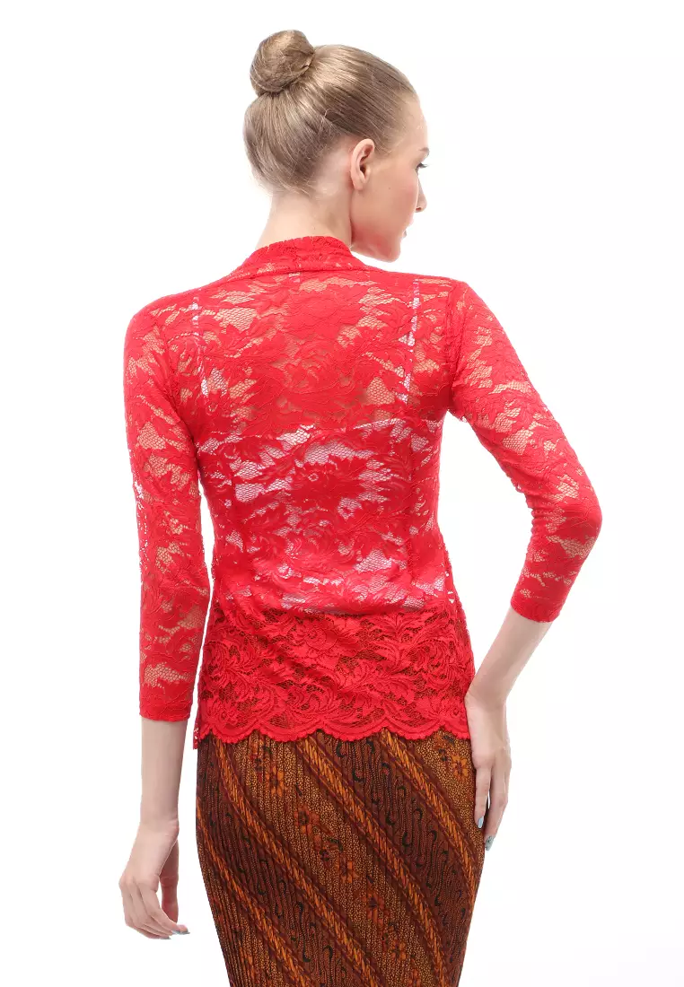 Hara Kebaya Seri 2 Motif Brokat Long Sleeves Atasan Wanita Transparan Premium Quality - Merah