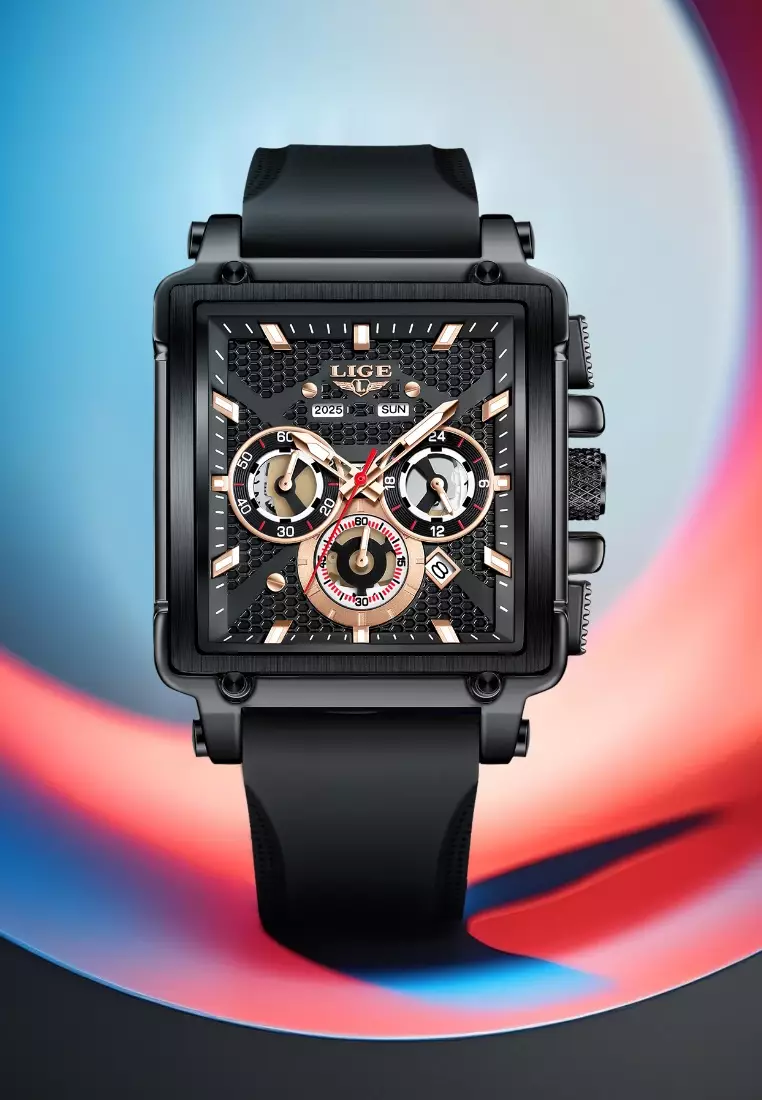 Unisex Chronograph IP Pink Gold Color Metal Alloy Quartz Watch, 44mm W x 44mm H, Silicone Strap