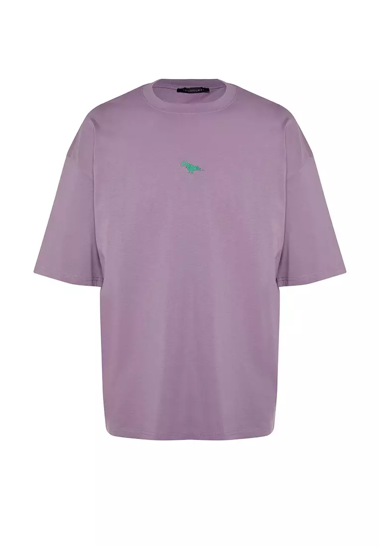 Crew Neck Short Sleeve Dinosaur Embroidered T-Shirt