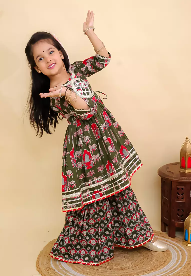 The Mom Store Girls Madhu Mala Anarkali Kurta Sharara Set - Green