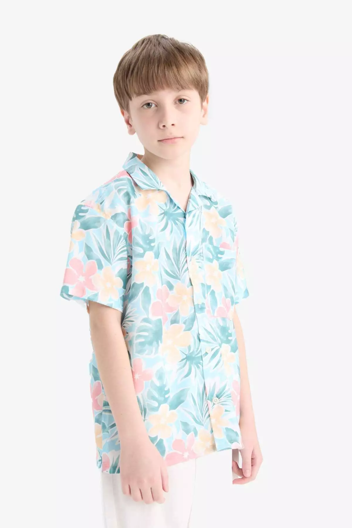 Boy's Oversize Wide Fit Polo Neck Patterned Cotton Short Sleeve Shirt E6653A825Hs