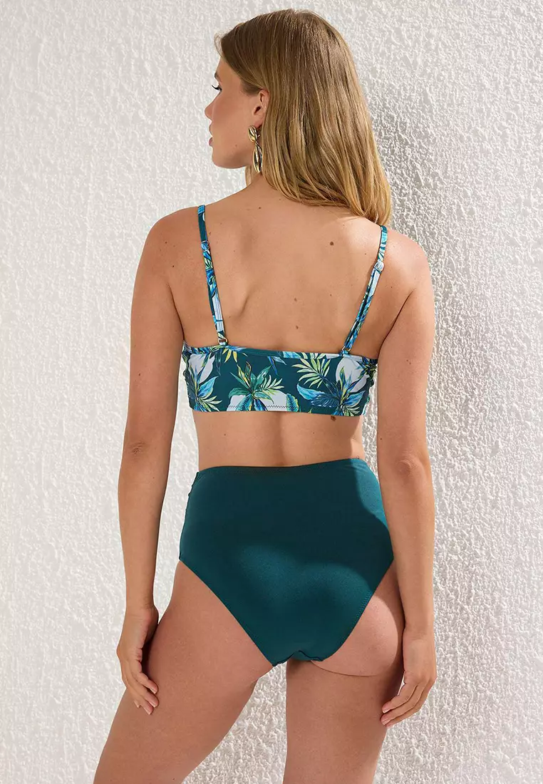 Floral Pattern Draped Triangle Covered Hipster High Waisted Bikini Set