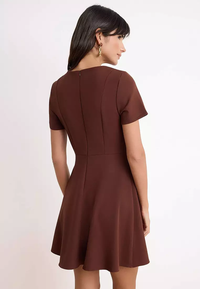 Brown Skirt Flared From The Waist Short Sleeve Mini Stretchy Woven Dress Twoss26El37