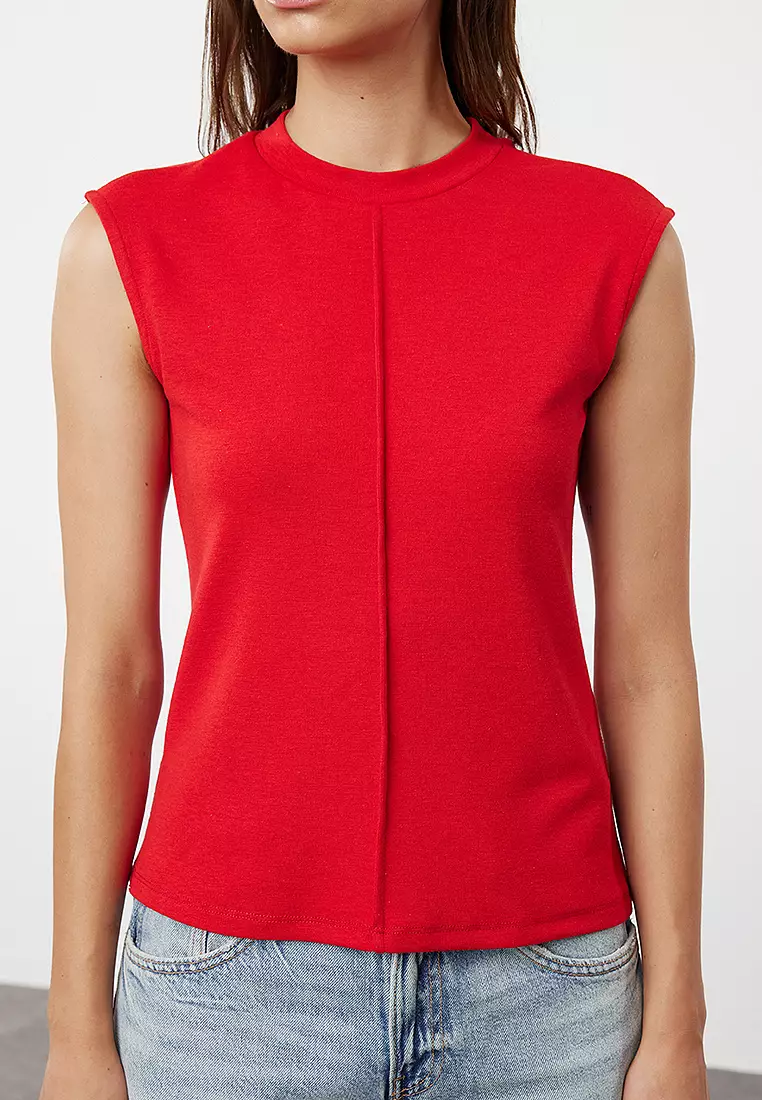 Red/Soft Fabric Fitted Stretchy Knitted Blouse