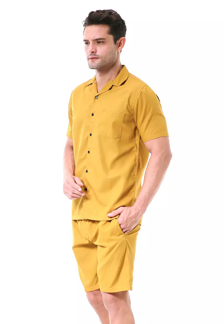Deon Piyama Pria Plain Motive Kemeja One Set Lengan Pendek Material Cotton ORIGINAL - Mustard