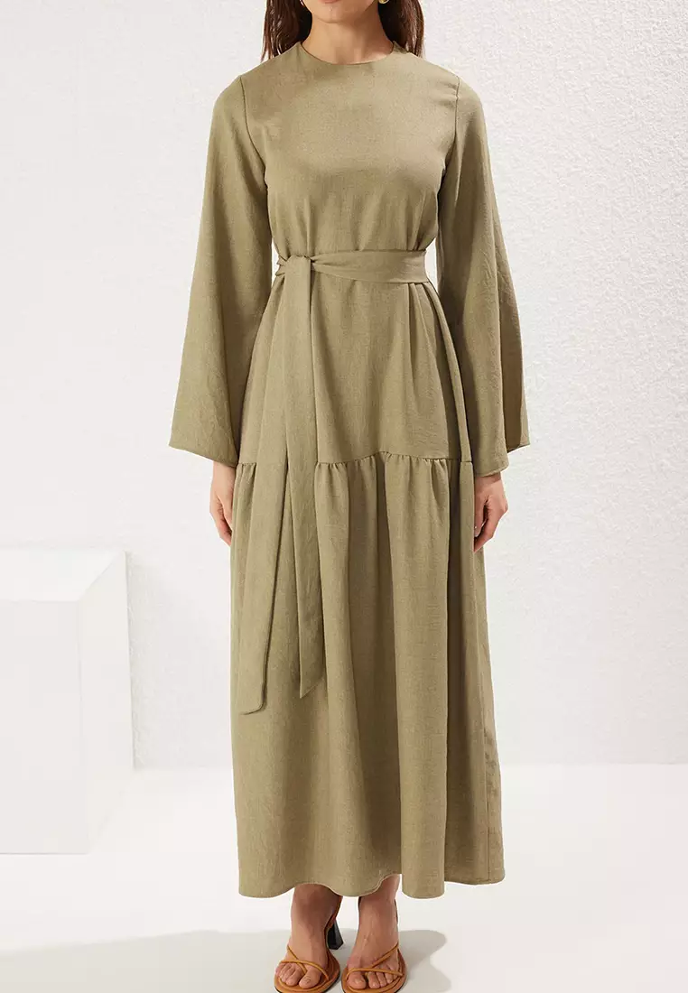 Khaki Belted Linen Look Woven Dress TCTSS25EB00059