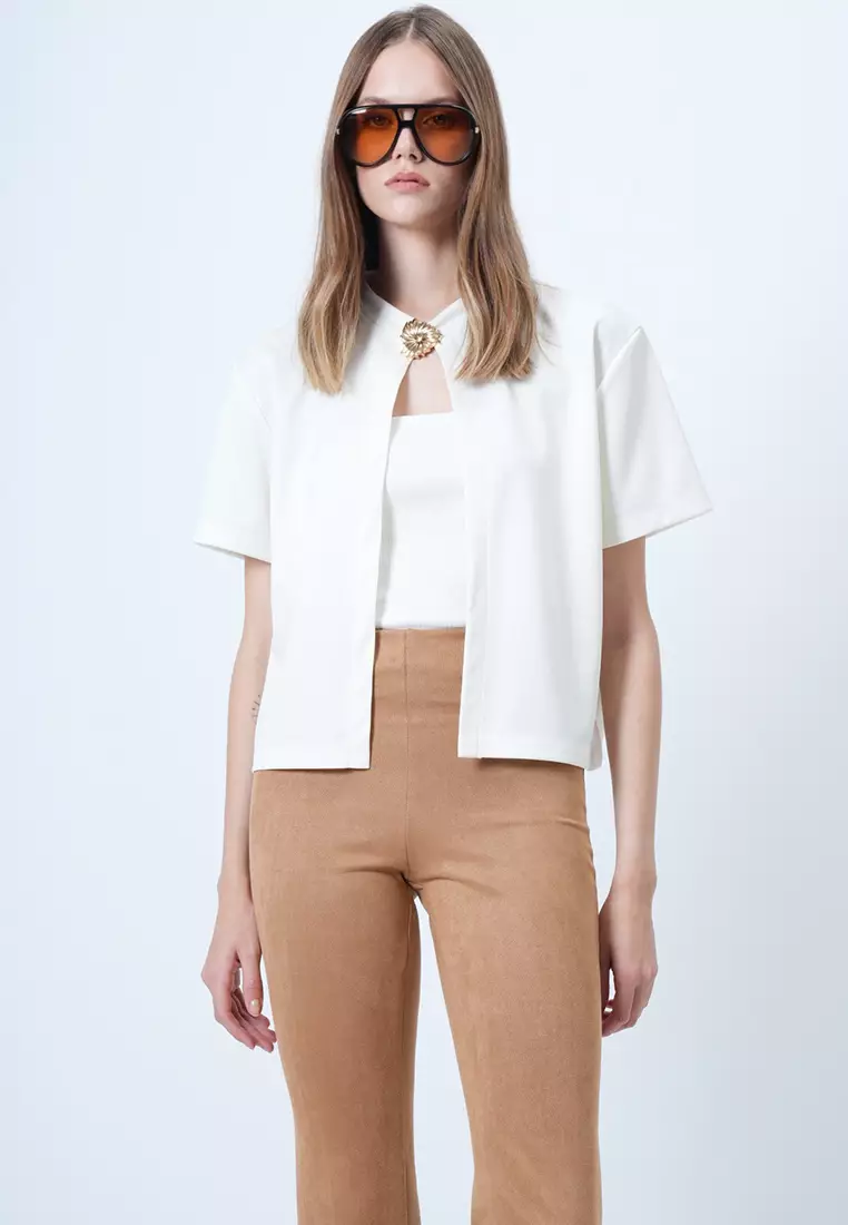 Gold Brooch Short Sleeve Knitted Jacket and Strapless Blouse Set