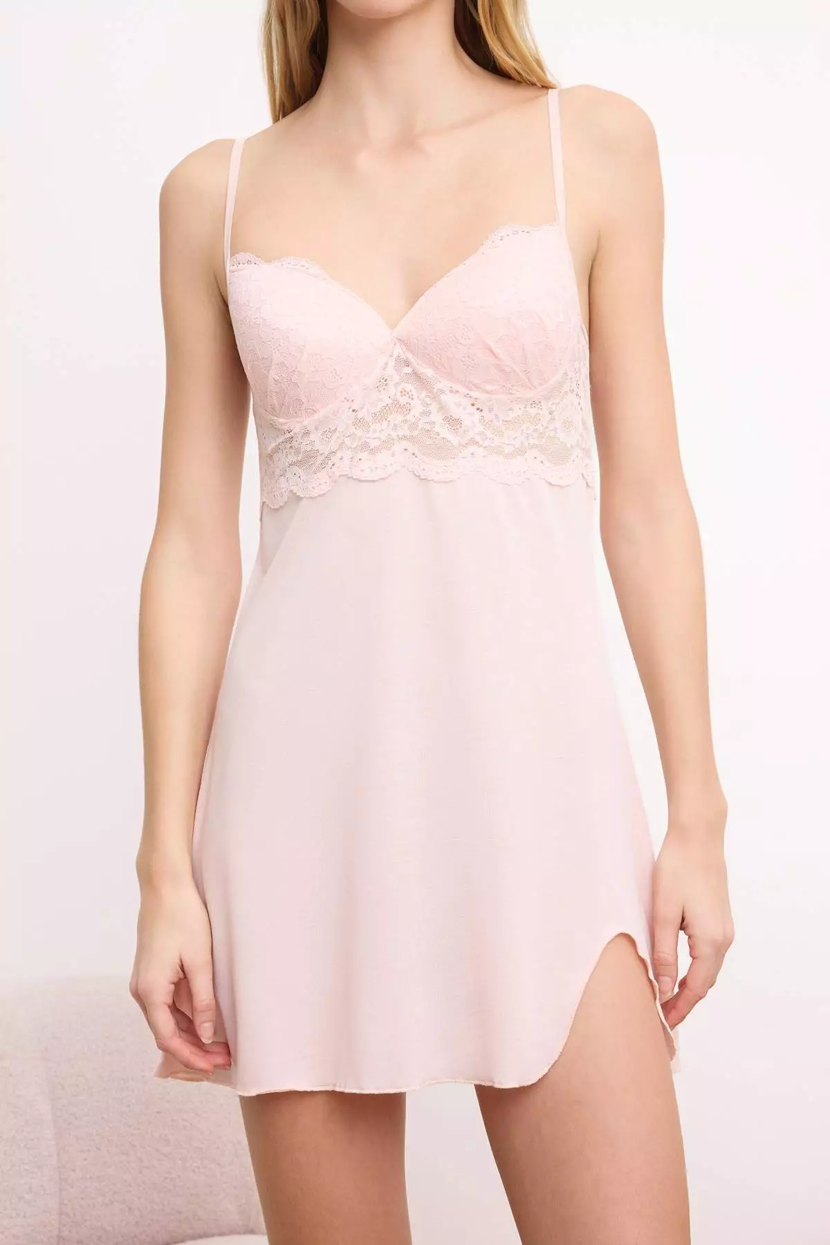 Powder 4-Piece Lace Detailed Dressing Gown + Nightgown + Bralet + Shorts Knitted Pajama Set Thmss26Pt93