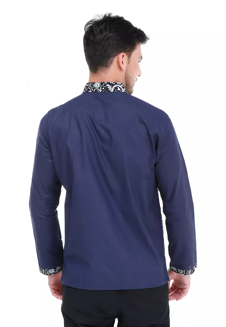 Dwan Kemeja Batik Pria Simple Atasan Formal Longsleeve Shirt Material Cotton ORIGINAL - Blue