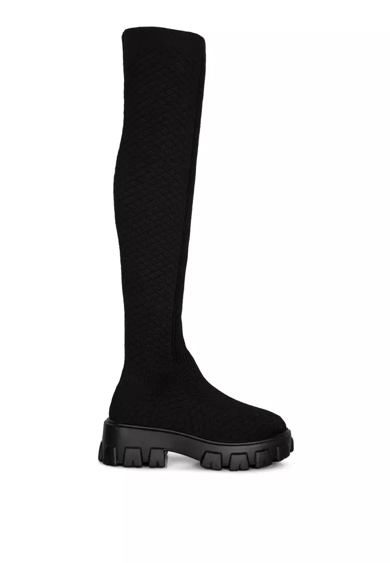 Discount on London Rag  shoes - SKU: Black Stretch Knit Knee High Boots