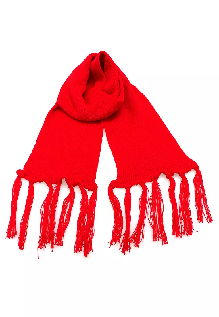 Syal Wanita Motif Polos Aksen Rumbai Shawl Rajut Lembut Fashion Women - Merah