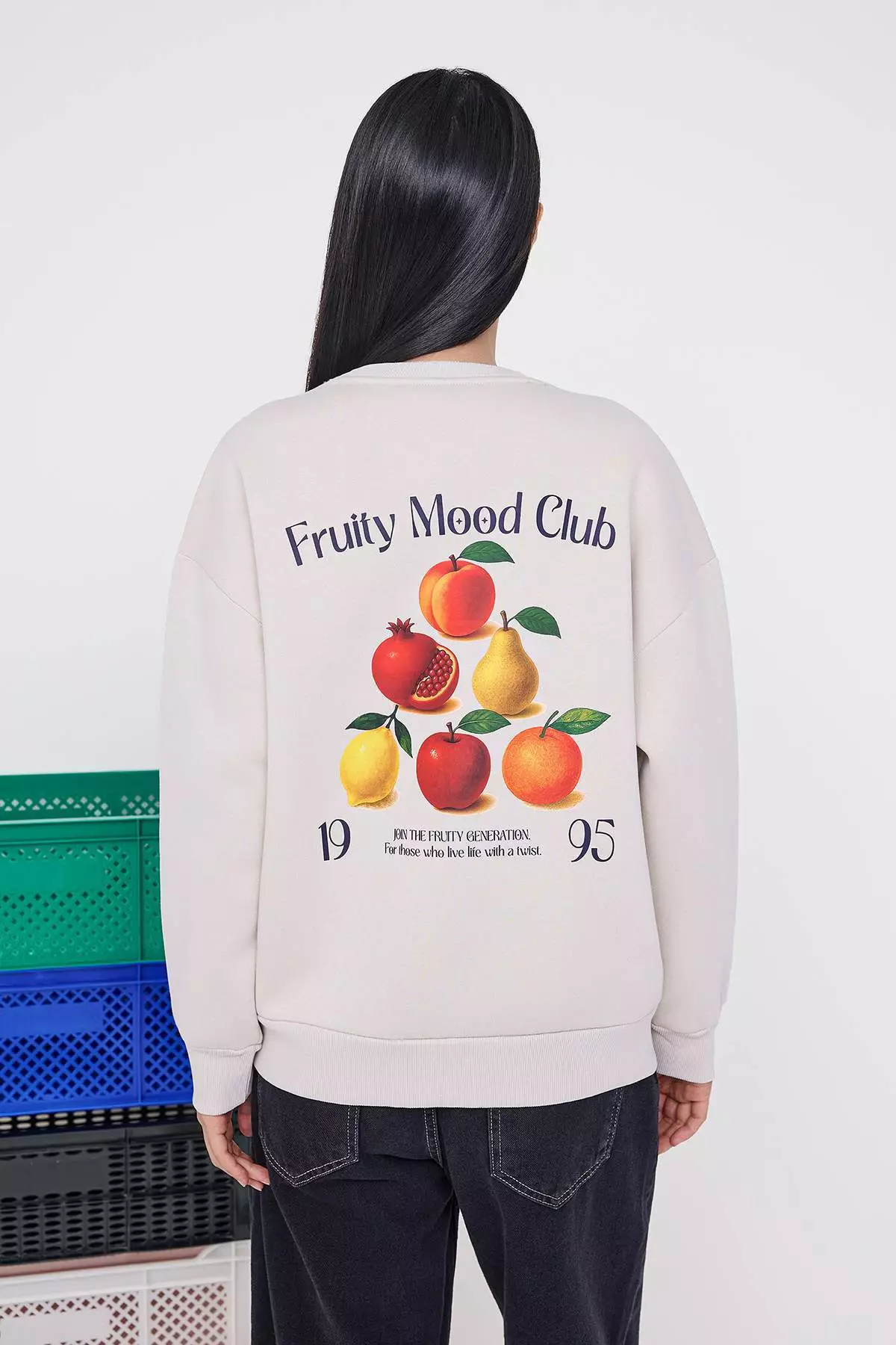 Stone Back Printed Oversize/Wide Pattern Thick Inside Polar Fleece Knitted Sweatshirt