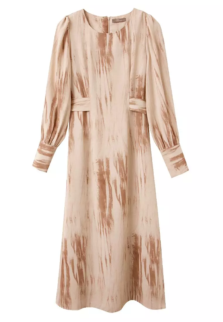 不易皺筆刷印花收腰綁帶長洋裝《DA9424》