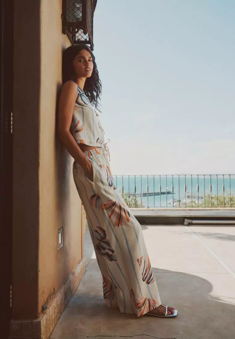 Pull On Wide Leg Trousers With Linen