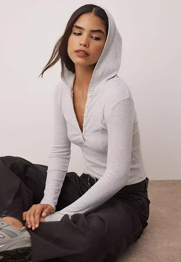 Snow Melange Hooded Ribbed Buttoned Fitted/Body-Smoothing Knitted Blouse Twoaw26Bz00033