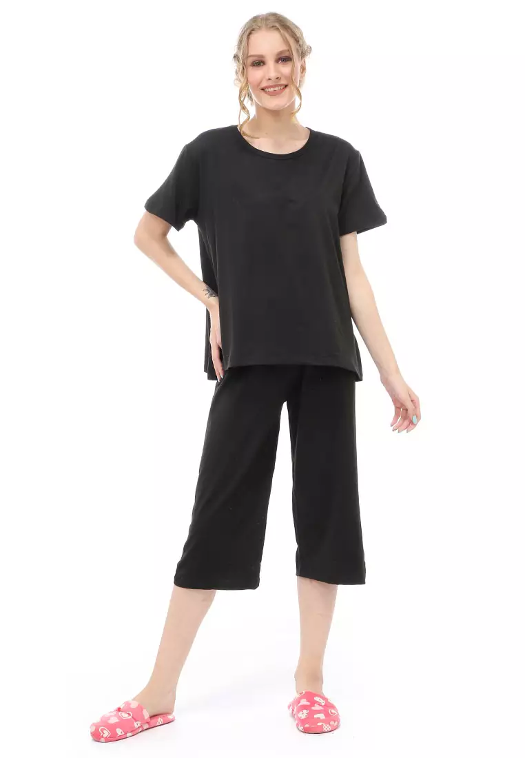 Vance Setelan Piyama Baju Tidur Wanita Celana Pendek 7/8 Material Spandex ORIGINAL - Black