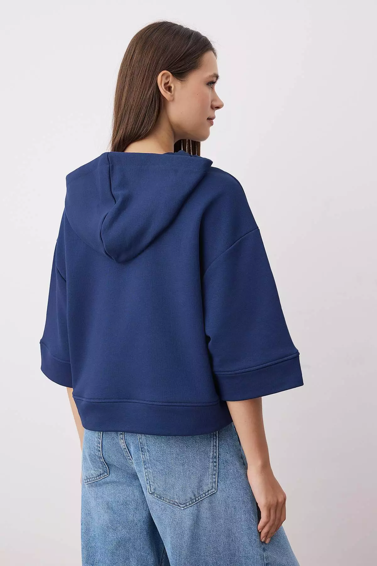 Navy Blue Hooded Zipper Detailed Three Quarter Sleeve Thick Knitted Sweatshirt