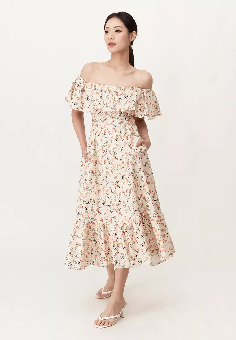 Plain B. Plain B. Off Shoulder Floral Print Midi Dinner Dress Beige ...