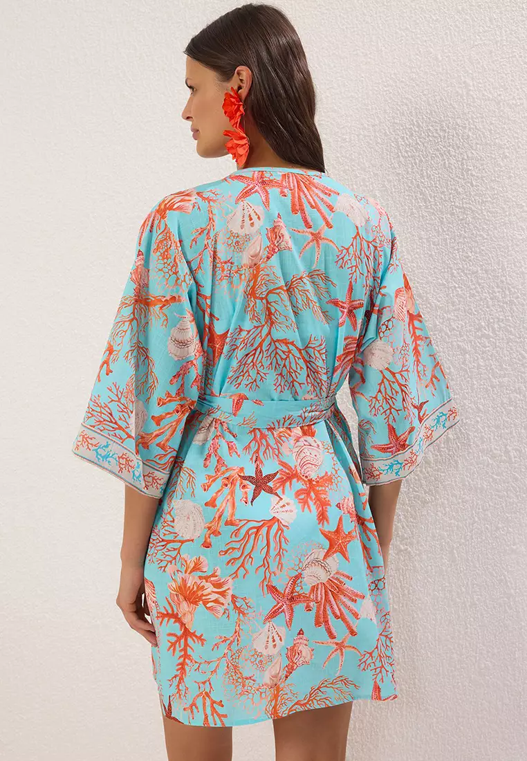 Underwater Patterned Mini Woven Stripe Accessory Flamed Cotton Beach Kimono&Caftan TBESS25KM00026