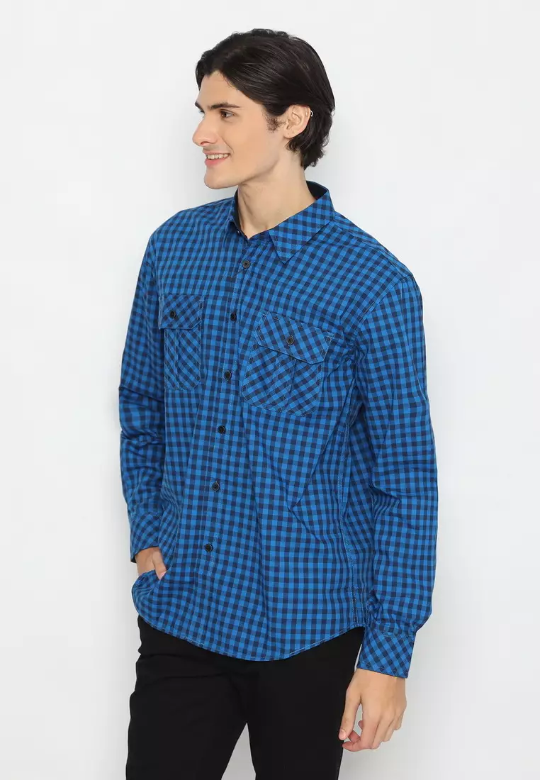 POLICE Kemeja Kotak Cotton Kantong Dua Biru Tua Regular Fit Lengan Panjang Pria