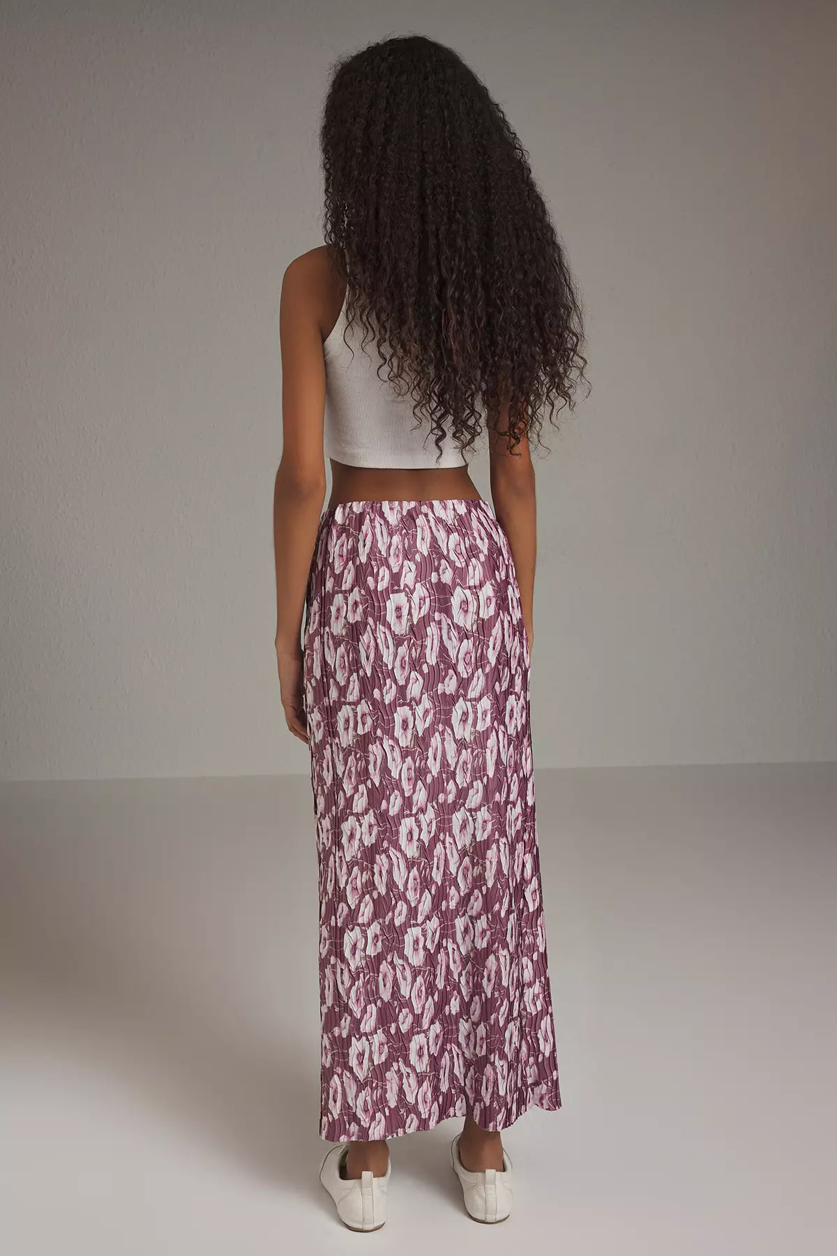 Dusty Rose Floral Print Waist Pleated Maxi Knitted Skirt