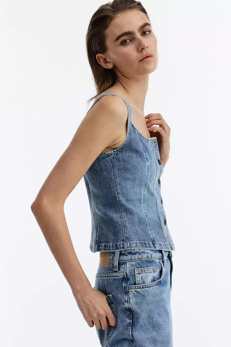 Button-front denim top