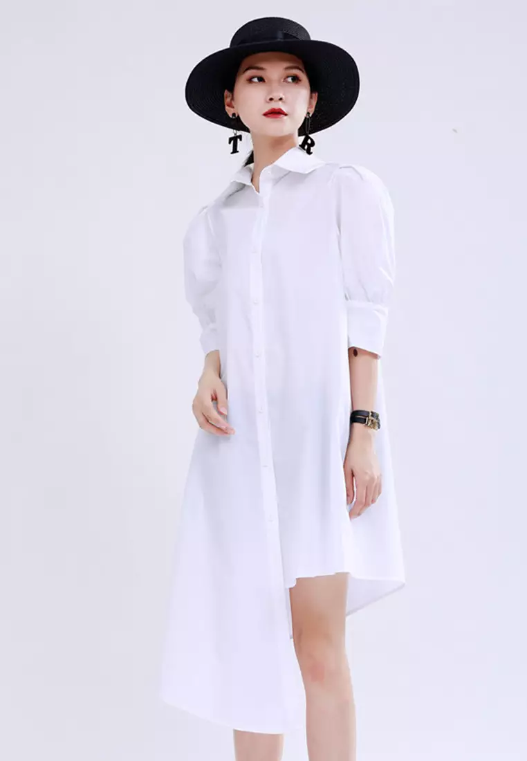 2025 S/S 重工設計款泡泡袖褶皺腰封不規則裙擺翻領連身裙 CA23032112W