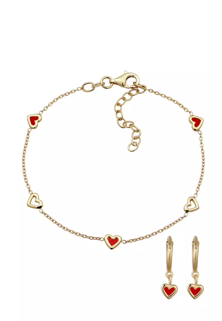 Set Perhiasan Perak 925 Wanita Heart Enamel Gold Pated